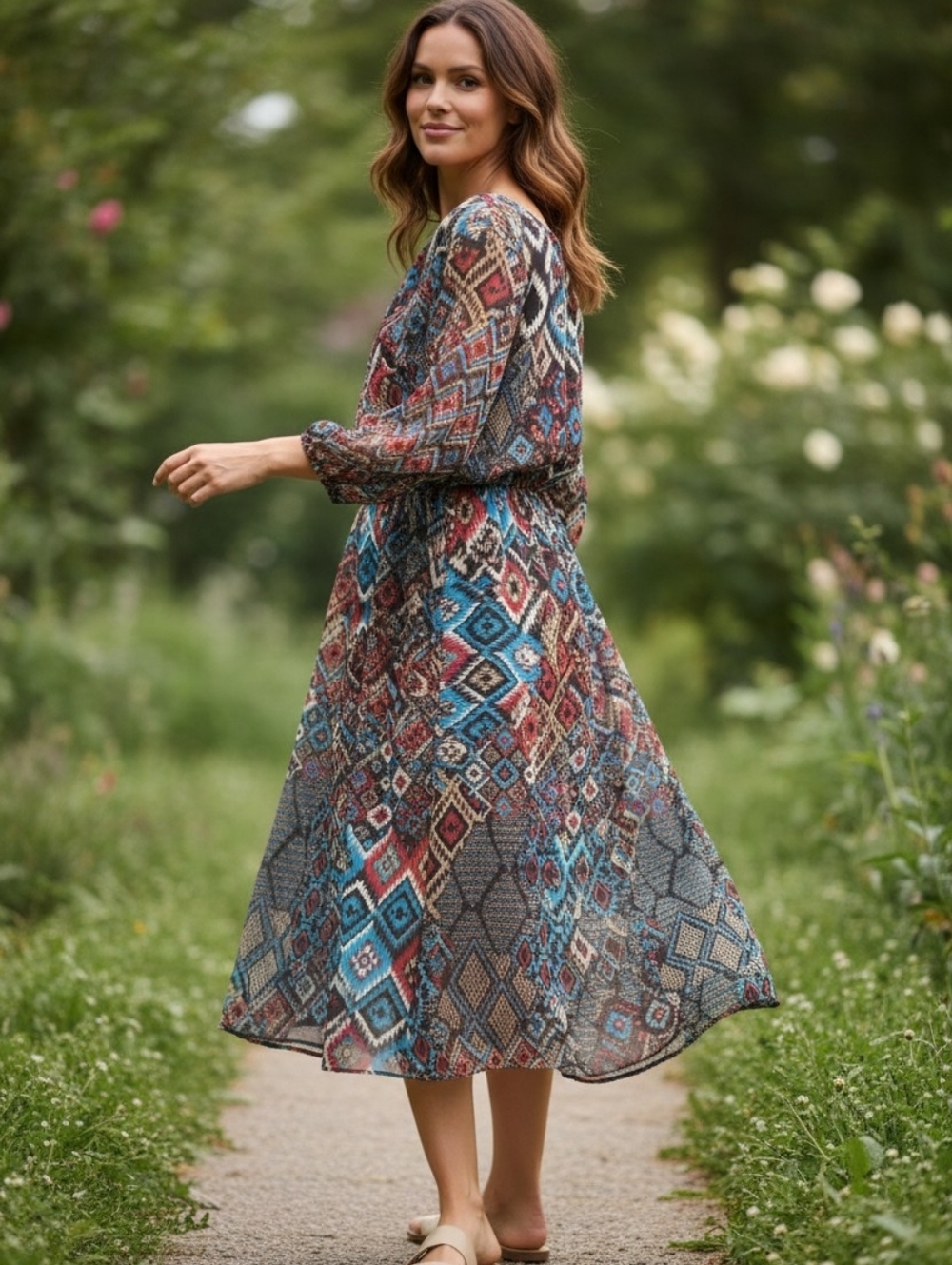 Espresso AZTEC Southwestern Flowing Dress VIBRANT COLORS 1X - Picture 5 of 9